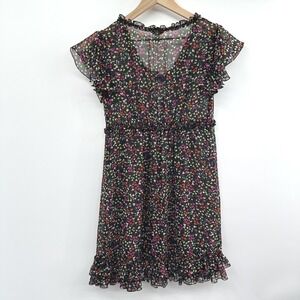 Ted Baker Sheer Heart Print Mini Dress‎ Ruffle in Black Pink Size 2